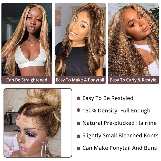 AMIRTY 250 Density 34 Inch 360 Lace Front Wigs Human Hair Honey Blonde Body Wave Lace Front Wigs Full 360 Glueless HD Transparent Lace Front Wigs for women 4/27