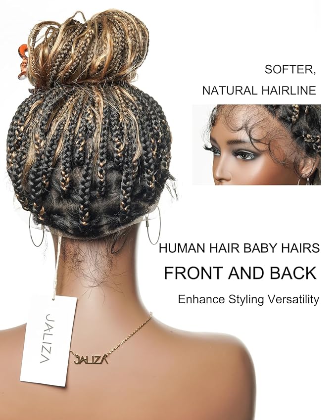 Human Hair Boho Curls Hand-Tied HD Full Lace Wig - 24" Salon-Level Small Box Synthetic Braids (80 Braids, Medium Density) Pre-Cut Swiss HD Lace, Pre-Plucked, Knotless, Tangle-Free - Black 1B