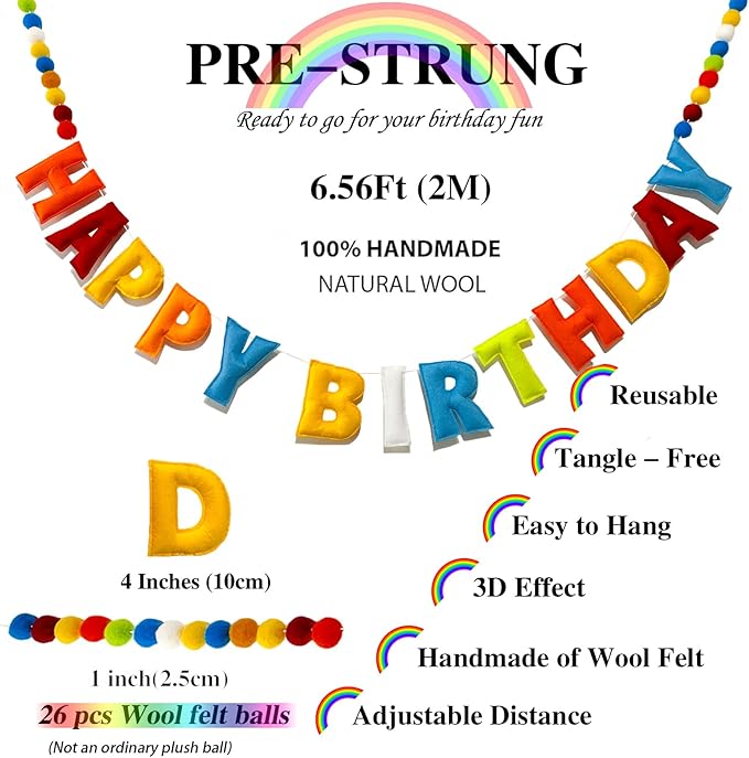 Pre-Strung Reusable 3D Happy Birthday Banner Sign, Rainbow Felt Ball Garland | - Image 2