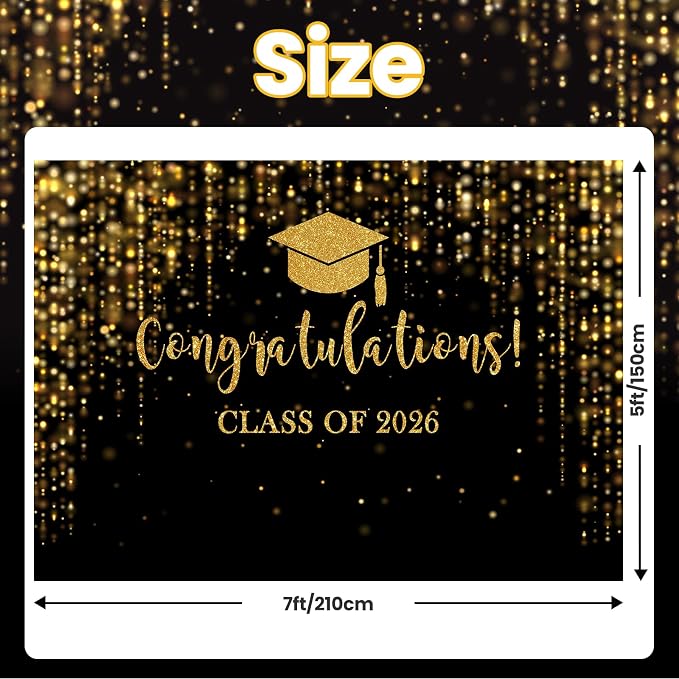 Mocsicka Class of 2026 Backdrop Black Gold Glitter Bokeh Graduation Party - Image 4