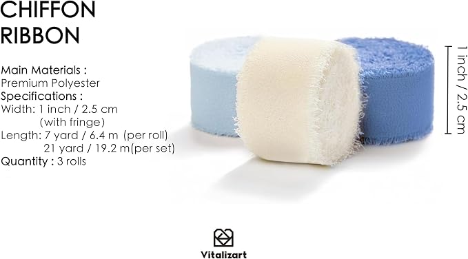 Vitalizart Dusty & Baby Blue Chiffon Silk Ribbon 1" x 21 Yd Handmade Fringe | - Image 2