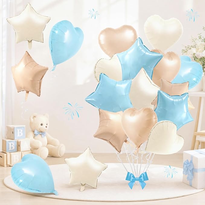 TONIFUL 18 Inch Cream Blue Star and Heart Foil Balloons by TONIFUL