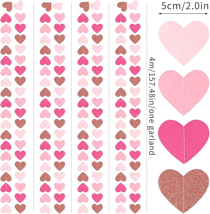 Light-Pink Rose-Gold Valentines Party-Decorations Heart-Garland - 52ft Red - Image 2