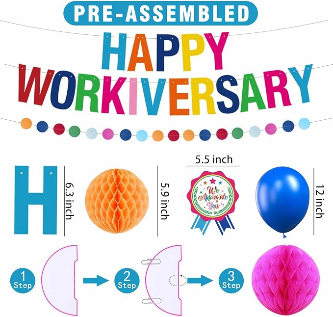 Work Anniversary Decorations, Pre-Strung Iridescent Happy Workiversary Banner - Image 2