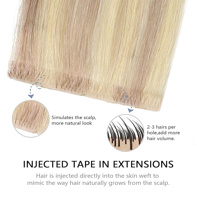 COOKAYU Invisible Tape in Hair, Ash Blonde and Platinum Blonde Seamless Injected Tape in Human Hair Extensions 20pcs/pack 20Inch 45g Invisi Edge Extensions