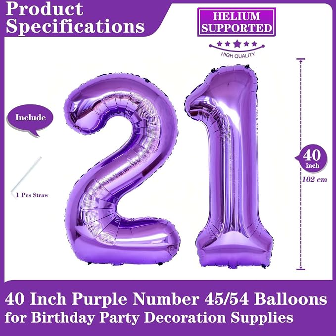 Purple 21 Number Balloons, 40 Inch Giant Number 21 Balloons Foil Mylar Helium - Image 2