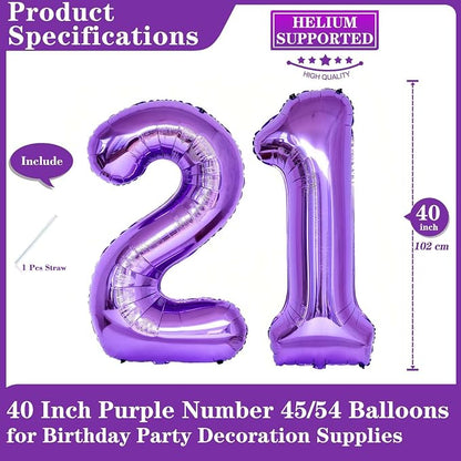 Purple 21 Number Balloons, 40 Inch Giant Number 21 Balloons Foil Mylar Helium - Image 2