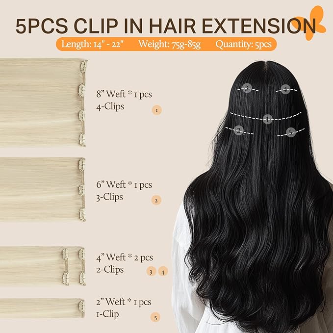 DOORES Clip in Human Hair Extensions, 70g 5pcs 20 Inch Platinum Blonde, Hair Extensions Real Human Hair Clip in Extensions Long Straight Hair for Women