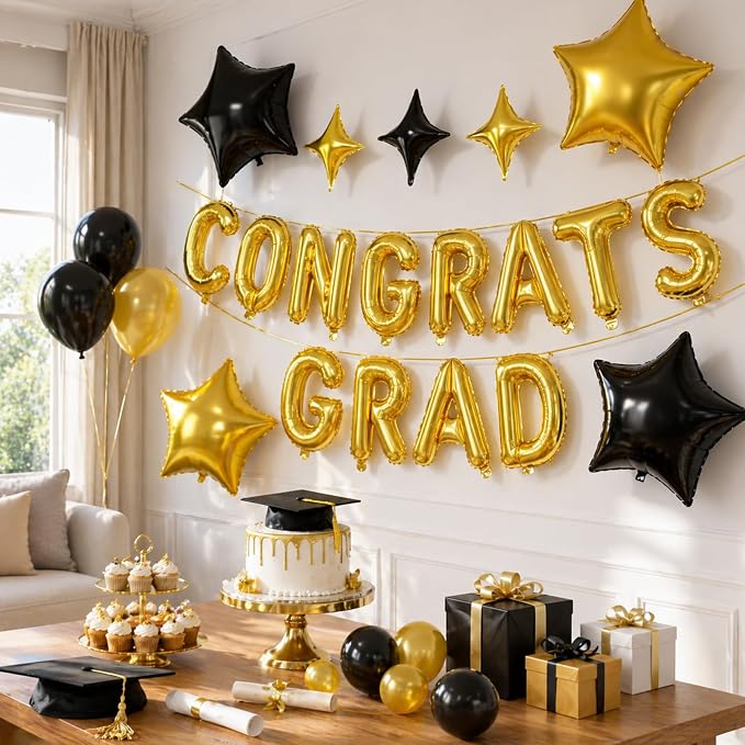 Congrats Grad Balloons, 16 Inch Black Gold Congrats Grad Letters Banner Balloons - Image 5