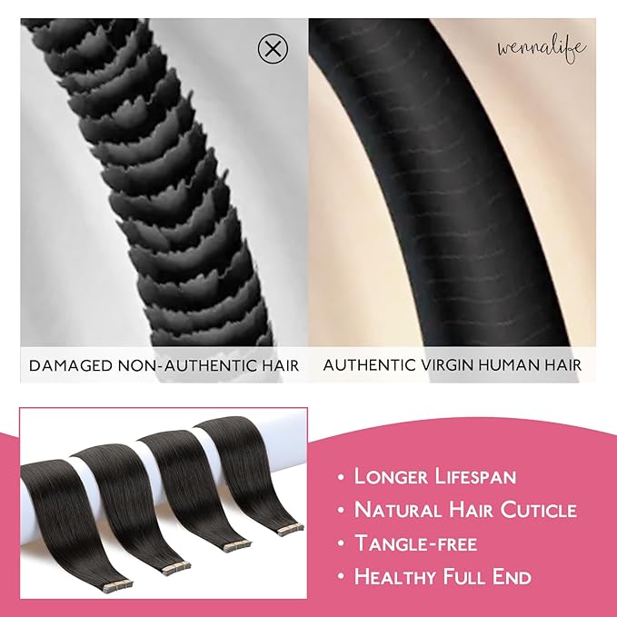 WENNALIFE Tape in Hair Extensions Human Hair Natural Black Tape in Extensions, 10pcs 30g 20 inch Remy Invisible Tape Ins Straight Colored Soft Real Human Hair Tape in Extensions Refill Set Extensions
