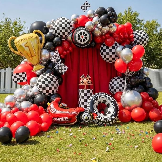 Race Car Balloons Arch Kit -Trophy, Wheels and Red Black Silver Balloon Garland by Unknown
