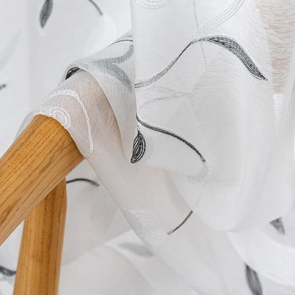 White Sheer Curtains Grey Embroidered Leaves 2 Panels 54Wx108L | Light - Image 7