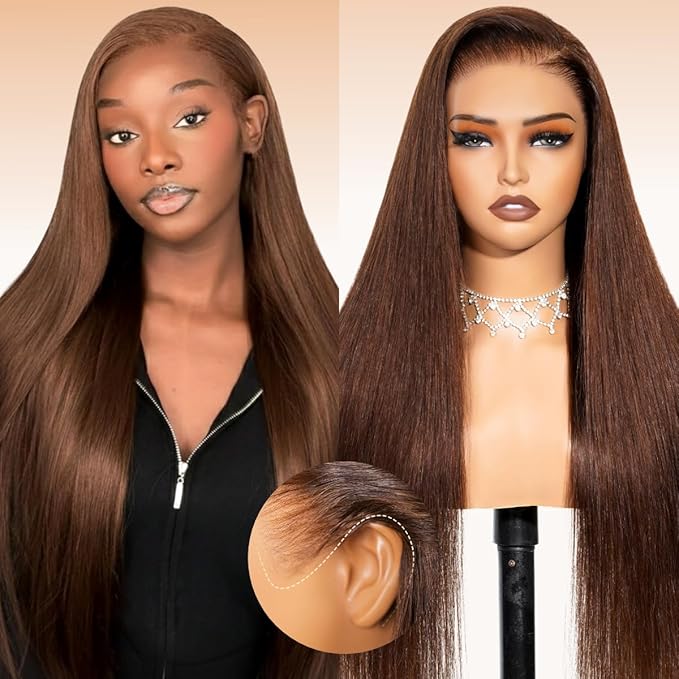 Arabella 13x6 Chocolate Brown Lace Front Wig 210% Brown Glueless Wig Human Hair Real HD Lace Front Wig True Pre Plucked Pre Bleached Pre Cut Glueless Wig (24inch,13x6 Chocolate Brown Straight wig)