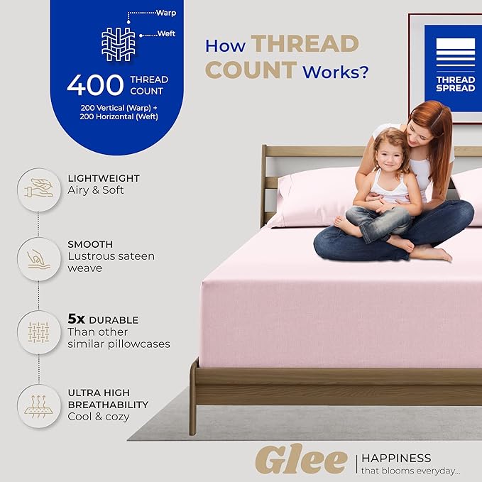 THREAD SPREAD 100% Cotton King Size Pillow Cases Set of 2-400 Thread Count Pillow Cases King Size Set of 2 (Blush), Luxuriously Soft Hotel Quality Sateen Weave Pillowcases, Crisp & Cool