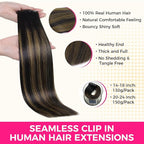 Lashey Seamless Clip in Hair Extensions Human Hair 150g 9pcs Straight Natural Black Mixed Chestnut Brown 22 Inch Human Hair Clip in Extensions