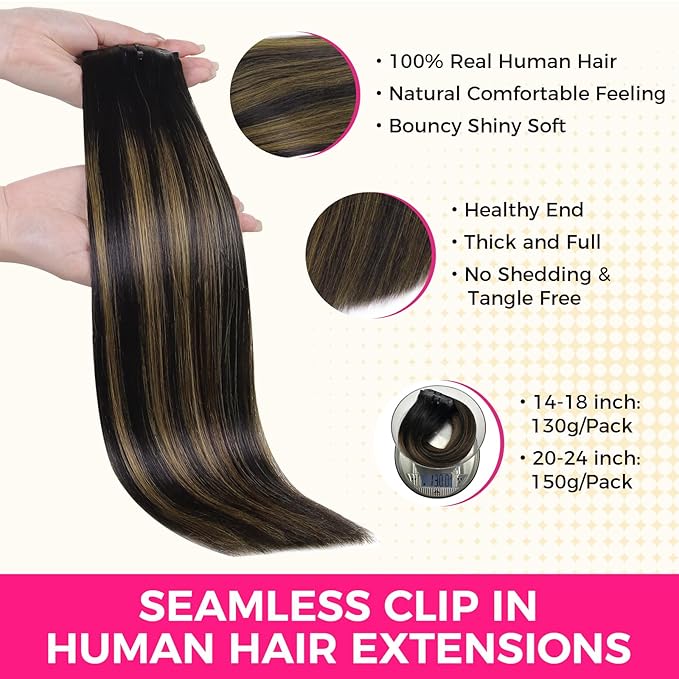 Lashey Seamless Clip in Hair Extensions Human Hair 9pcs Straight Natural Black Mixed Chestnut Brown 130g 18 Inch Clip in Hair Extensions with Thin PU Soft Invisible Edge for Women