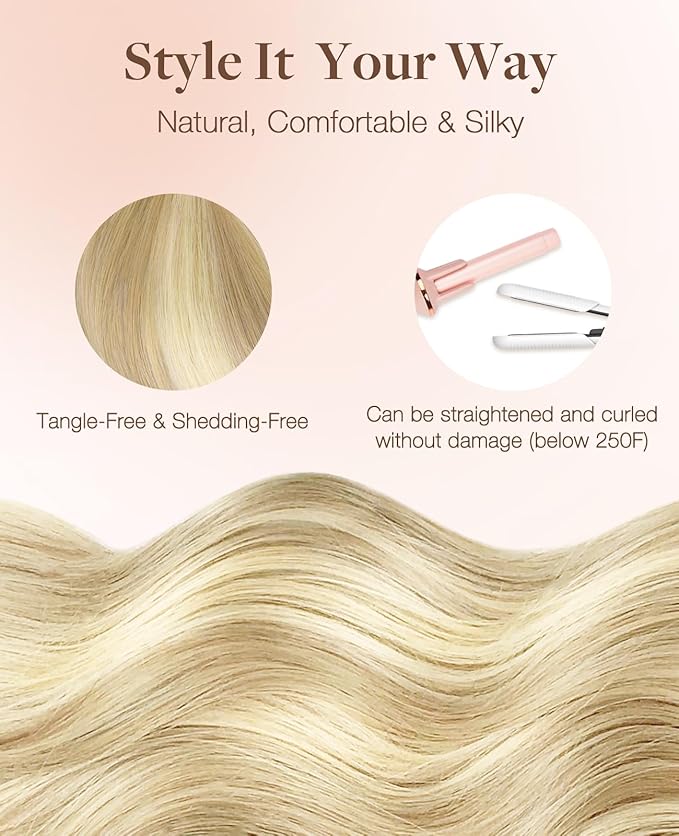 GOO GOO Invisi Edge Tape in Hair Extensions Human Hair, 18A/613A Dark Blonde Highlighted Bleach Blonde, 6pcs 24inch 18g, Virgin Remy Hair, Seamless Injected Tape, Natural Look
