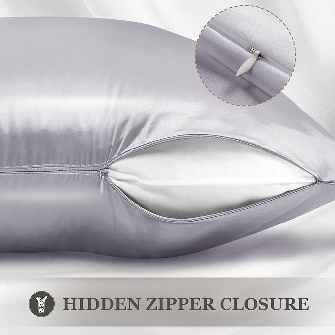 Adubor Silk Pillowcase 2 Pack for Hair and Skin with Hidden Zipper, Both Sides 23 Momme Silk Pillow Case (Silver Gray, Queen: 20''X30'')