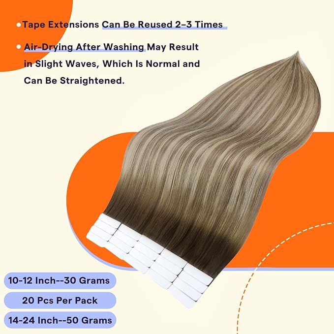 Full Shine Tape Hair Extensions Real Human Hair Balayage Color 3 Dark Brown Fading to 8 Ash Brown Highlight 22 Blonde Tape in Hair Extensions Real Human Hair Tape Ins 14 Inch 50G 20pcs for Wedding