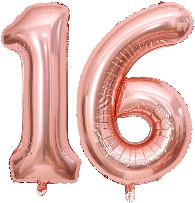Rose Gold 16 Number Balloons, 40 Inch Giant Number 16 Balloons Foil Mylar by Lovoir