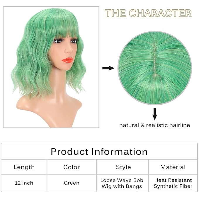 FAELBATY Green Wig Short Bob Wigs With Air Bangs Shoulder Length Wig For Women Curly Wavy Synthetic Cosplay Wig for Girl Costume Wigs (12" green color)