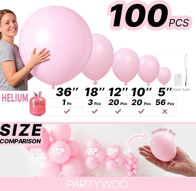 PartyWoo Light Pink Balloons 100pcs Pastel Pale Baby Pink Color | 36 18 12 10 5 - Image 7