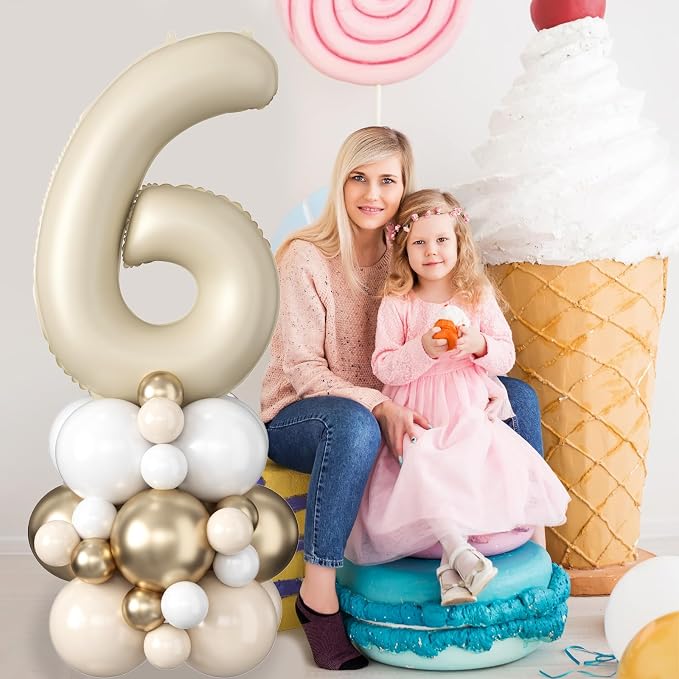 40 Inch Cream Number 6 Birthday Balloon Beige White Sand Number Six Foil - Image 3