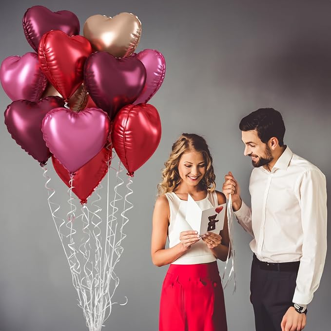 Wine Red Heart Balloons, 18 Inch 12 Pcs Burgundy Red and Pink Foil Heart - Image 5