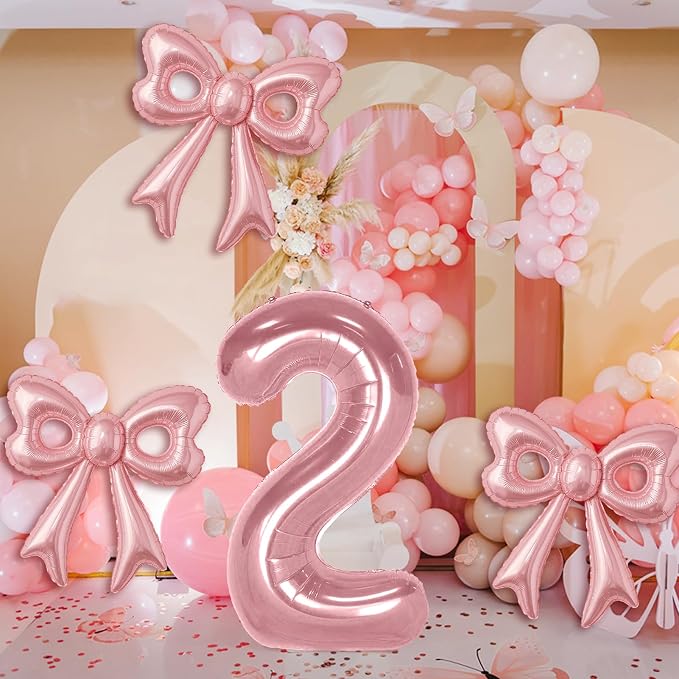 Bow Number 2 Birthday Balloons, 40” Pink Aluminum Foil Balloons Happy Birthday - Image 2