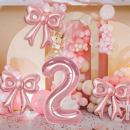 Bow Number 2 Birthday Balloons, 40” Pink Aluminum Foil Balloons Happy Birthday - Image 2