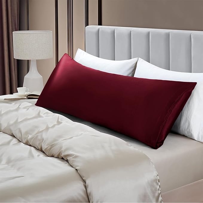 Aormenzy Satin Body Pillow Cover Set of 2, 20x54 Inches Burgundy Body Pillow Case for Adults, Silky Soft & Cooling Body Pillow Pillowcase with Envelope Closure