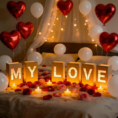 MY LOVE Light Up Letters, with Tea Lights Candles, Rose Petals, Pearlescent by Peledic