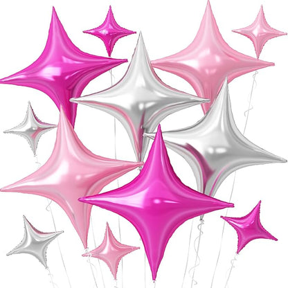 Pink Silver Star Balloons, 26Inch and 10Inch Hot Pink Silver Quadrangle Helium by Adorely