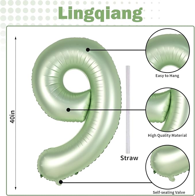 40'' Sage Green Number 9 Balloon, Self Inflating Foil Number Balloons Set 0-9 - Image 2