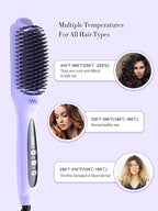 LANDOT Hair Straightener Brush for Damaged Hair - Keratin & Argan Oil Coated Bristles, Ionic Ceramic Straightening Brush to Reduce Frizz & Nourish Hair, Dual Voltage, 12 Temp 250-450F, Purple