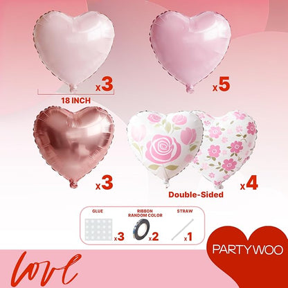PartyWoo Pink White Rose White Gold Heart Foil Balloons 15pcs 18 Inch | Balloons - Image 6