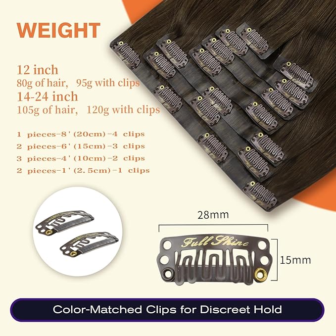 Full Shine Seamless Clip in Hair Extensions Human Hair Dark Brown Real Hair Clip in Extensions Straight Invisible Brazilian Hair Extensions Clip ins 20 Inch 120 Grams 8 Pcs