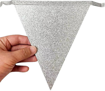 Teal Blue and Silver White Pennant Banner Flag Hanging Glitter Paper Triangle - Image 5
