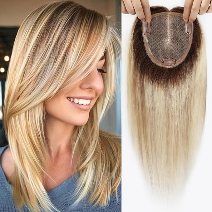 HAIRCUBE Hair Toppers 100% Real Human Hair,Ombre Blonde with Brown Highlight, 5.5"*5"MONO Large Base, 56g Hand-moven Real Human HairToppers for Women with ThinningHair