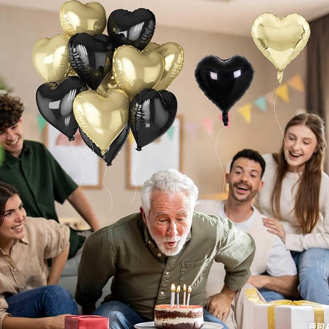 Black Gold Foil Heart Balloons, 18 Inch 10 Pcs Light Gold and Black Heart Shape - Image 6