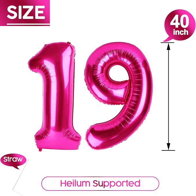 19 Balloon - Hot Pink Birthday Number Balloons, 40 Inch Party Decorations | Hot - Image 5