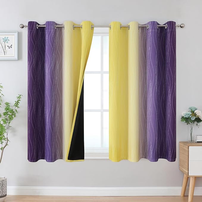 Yellow and Purple Ombre Blackout Curtains 45 Inch Length 2 Panels, Full Room by ESTELARTEXTILER