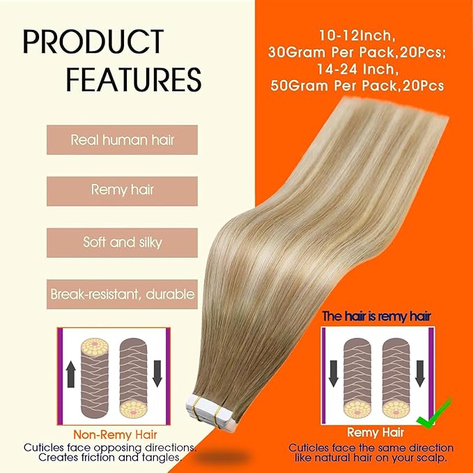 Full Shine Blonde Tape in Hair Extensions Color 6/27/60 Balayage Tape in Extensions Human Hair 24Inch Remy Seamless Skin Weft Long Straight Extension Soft Silky for Party 50G 20Pcs