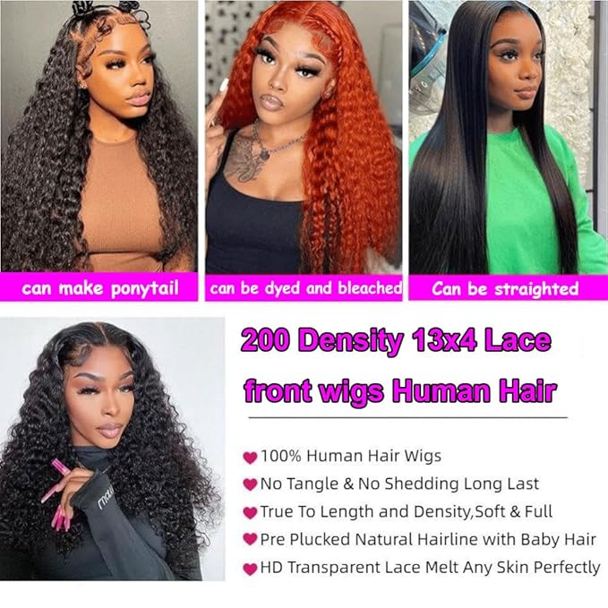 Aomllute 30 Inch Deep Wave Lace Front Wigs Human Hair 200 Density 13x4 HD Lace Frontal Wigs Human Hair Pre Plucked Deep Curly Glueless Wigs Human Hair for Women Natural Black