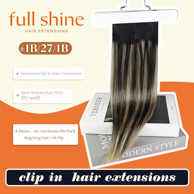 Full Shine Seamless Human Hair Clip in Extensions Black Hair Extensions Clip in Ombre Natural Black to Medium Brown and Blonde for Short Hair 12 Inch 80 G 8 PCS