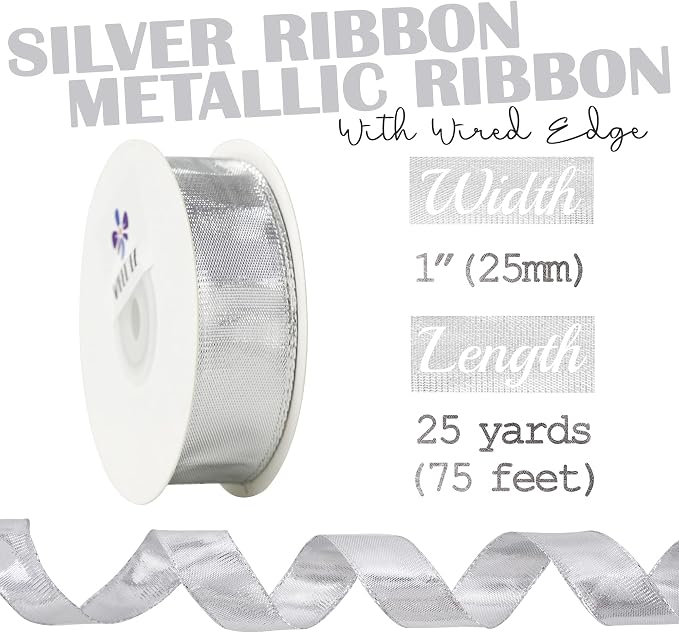 Silver Wired Woven Metallic Ribbon - Image 2