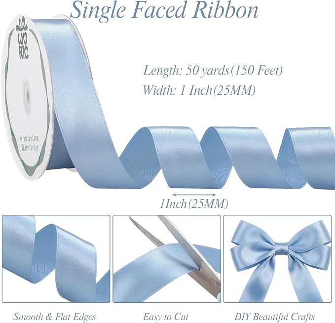 woric Dusty Blue Satin Ribbon 1 Inch 50 Yards Light Baby Blue Ribbon | Gift - Image 2