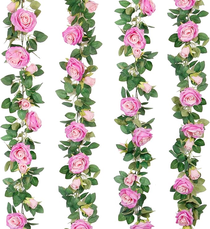 Teldrassil 4Pcs Artificial Rose Vine Fake Flower Garland Fake Silk Rose Hanging by Teldrassil