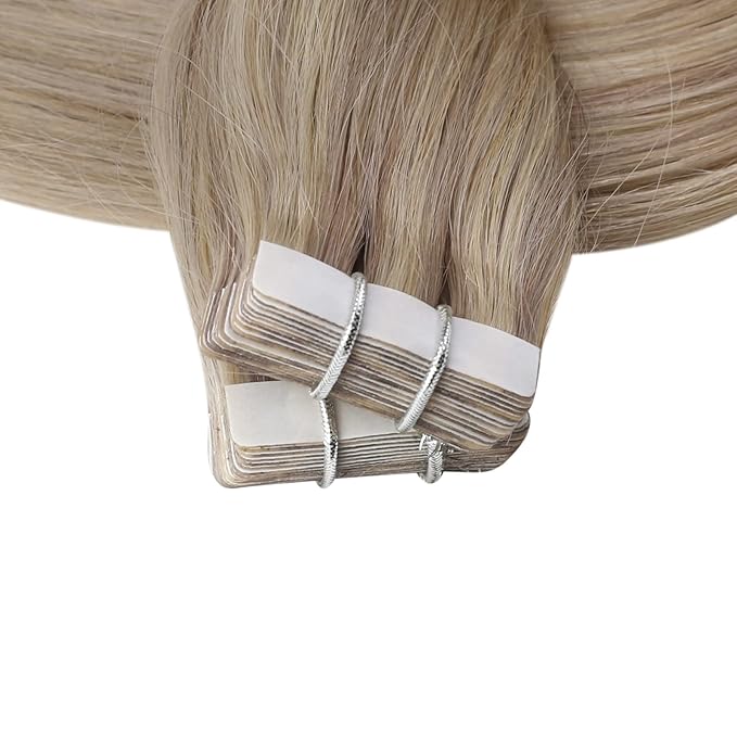 Full Shine Tape in Hair Extensions Human Hair Color 18 Ash Blonde Highlight 613 Blonde Seamless Real Remy Skin Weft 24Inch Thick Hair Extensions Add Length 20Pcs 50 Gram Invisible Brazilian Woman