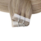 Full Shine Straight Human Hair Extensions Tape in 18Inch Seamless Hair Extensions Real Human Hair Highlighted Hair Extensions Ash Blonde with Platinum 20Pcs 50Grams Add Volume Remy Hair Extensions